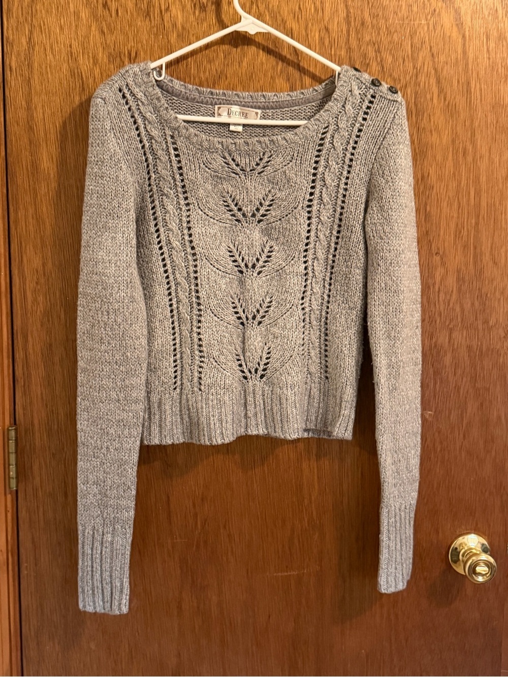 Decree Gray Scoop Neck Button-Shoulder Knit Sweater